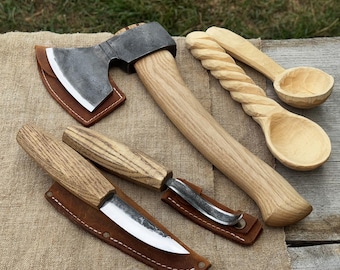 3-Piece Forged Carving Tool Set. 52100 Carbon Steel Blades. Ash Wood Handles. Leather Sheath. Sharp Knives and Axe for Spoon, Bowl Carving