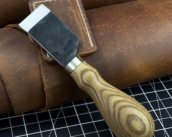 Japanese Straight Skiving Knife. Hand-Forged 52100 Carbon Steel Blade, Ash Handle, Leather Sheath. Knife for Leathercraft and Skiving Work