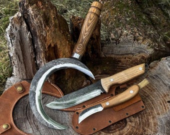 Garden Tool Set, Hand Forged 52100 Carbon Steel, Harvesting Sickle, Knives for Gardening