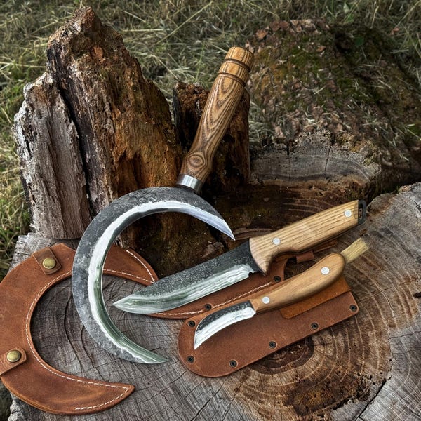 Garden Tool Set, Hand Forged 52100 Carbon Steel, Harvesting Sickle, Knives for Gardening