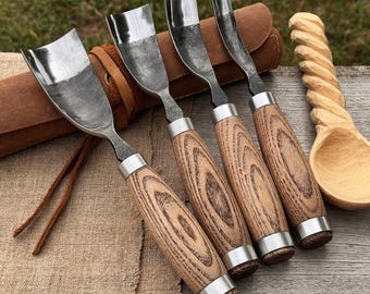 Forged Bent Gouges. Carbon Steel Blades, Ash Handles, Leather Roll. Wood Carving Tools for Spoon, Bowl Projects. Woodworking Gouges