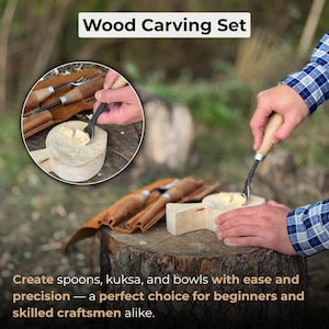 May include: Wood carving set with tools and a wooden bowl being carved. The set includes a leather tool roll and the text "Create spoons, kuksa, and bowls with ease and precision - a perfect choice for beginners and skilled craftsmen alike."