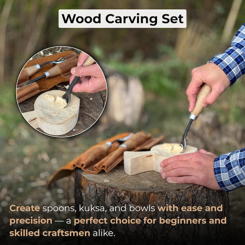 May include: Wood carving set with tools and a wooden bowl being carved. The set includes a leather tool roll and the text "Create spoons, kuksa, and bowls with ease and precision - a perfect choice for beginners and skilled craftsmen alike."