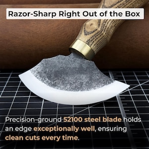 Small Leather Round Knife with Sheath. Razor Sharp Blade. Hand Forged from Hardened Carbon 52100 Steel, Ash Handle. Skiving Knife. Gift. image 3