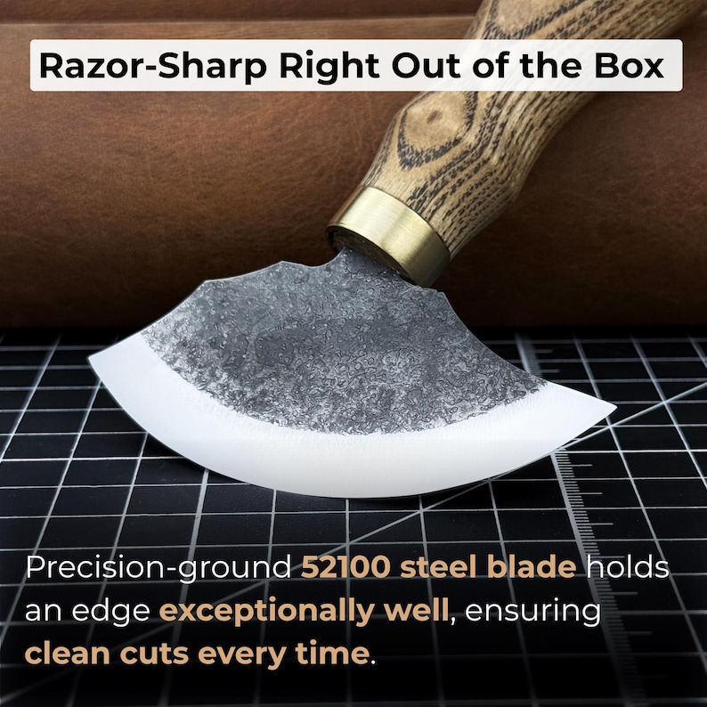 Small Leather Round Knife with Sheath. Razor Sharp Blade. Hand Forged from Hardened Carbon 52100 Steel, Ash Handle. Skiving Knife. Gift. image 3