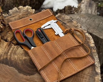 Genuine Leather Chisel Case with 3 Pockets. Leather Crazy Horse. Tool Storage Bag. Roll for Chisels, Knives and Garage Tools. Gift For Him