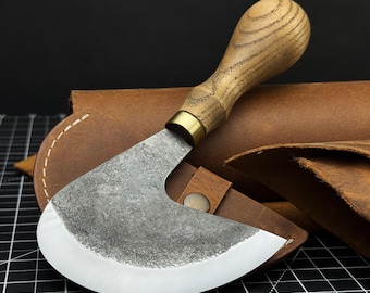 Round Knife for Leather Work. Razor Sharp Blade. Head Knife. Hand Forged from Hardened Carbon 52100 Steel, Ergonomic Handle, with Sheath