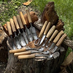 Hand Forged 15-Piece Woodworking Set, 52100 Carbon Steel, Ash Wood, Spoon Carving Tools