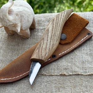 Hand-Forged Small Whittling Knife. Sharp Carbon Steel Blade, Ash Wood Handle. Detailed Carving Knife. Wood Carving Tool. Gift for Carvers.