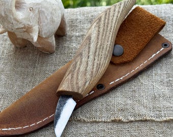 Small Whittling Knife – 52100 Carbon Steel Blade, Ergonomic Ash Handle, Leather Sheath – Hand-Forged Wood Carving Knife. Detail Carving Tool
