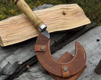 Hand Forged Small Garden Sickle – 52100 Carbon Steel Blade, Ash Handle, Leather Sheath with Belt Loop – Harvesting Sickle