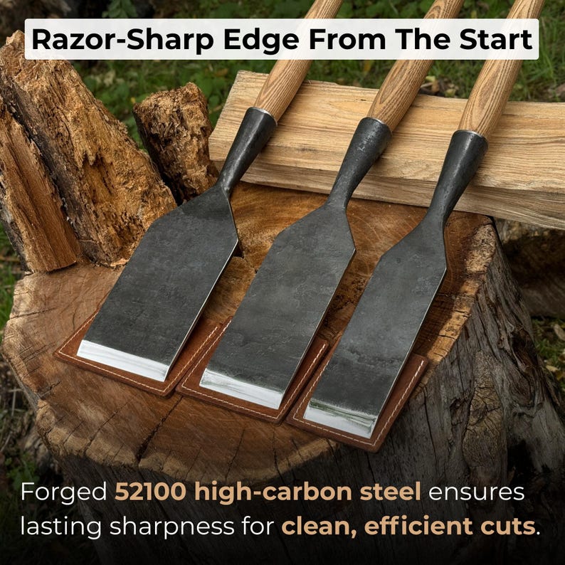 Close-up of hand-forged 52100 carbon steel blades, polished edges on flat chisels for heavy paring