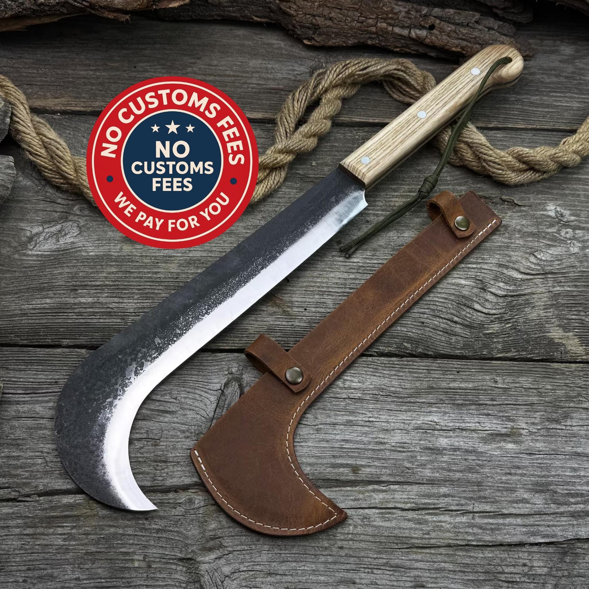 Camping Machete. Razor Sharp Blade. Hand Forged from Hardened Carbon 52100 Steel, Ergonomic Ash Handle, with Leather Sheath. Chopping Knife