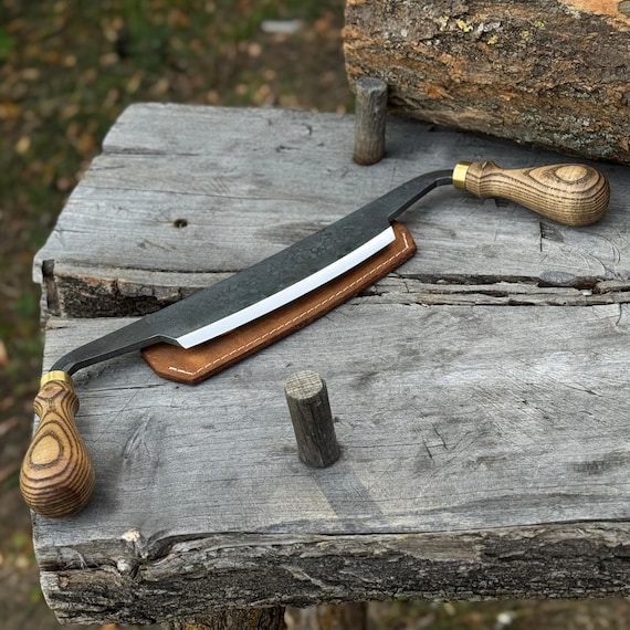 Hand Forged Medium Drawknife – 52100 Carbon Steel Blade, Ash