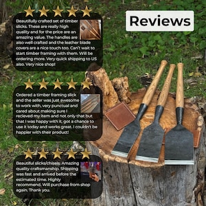 Three-piece timber slick chisel set on a workbench with customer reviews beside it, trusted joinery tools