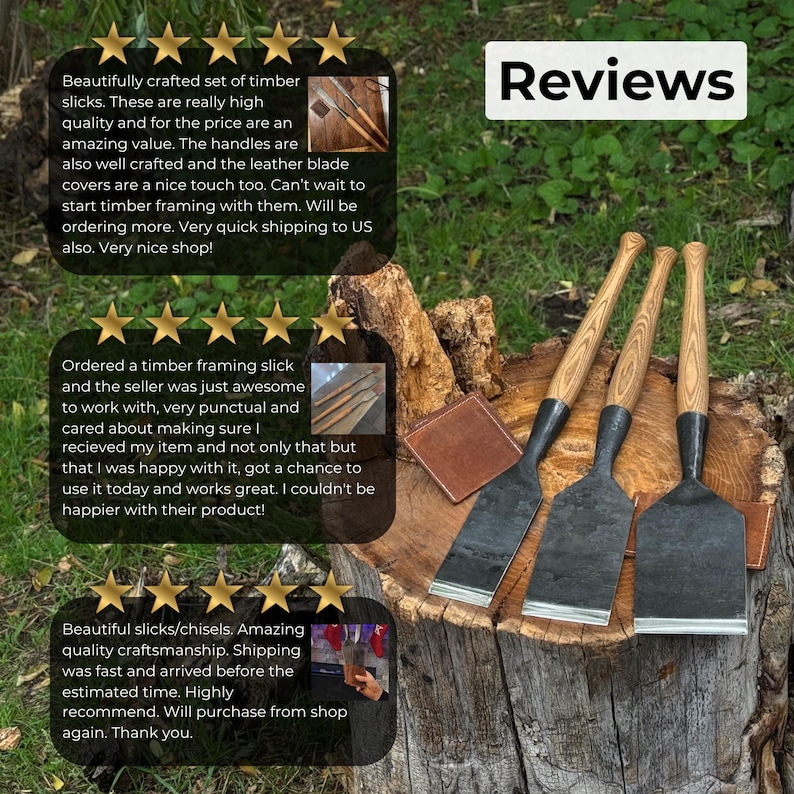 Three-piece timber slick chisel set on a workbench with customer reviews beside it, trusted joinery tools