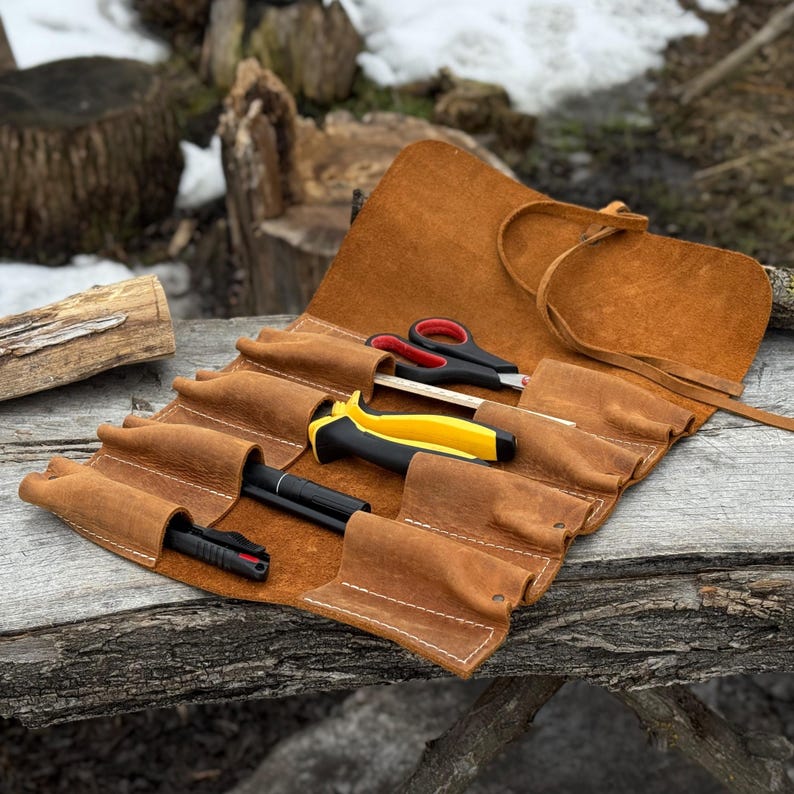 Genuine Leather Tool Roll with 8 Pockets. Universal Leather Crazy Horse. Tool Storage Bag. Roll for Chisels, Gouge, Knives and Garage Tools image 17