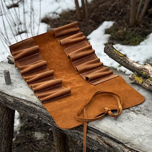 Universal Leather Tool Roll with 10 Pockets. Genuine Leather Crazy Horse. Tool Storage Bag. Roll for Chisels, Gouge, Knives and Garage Tools