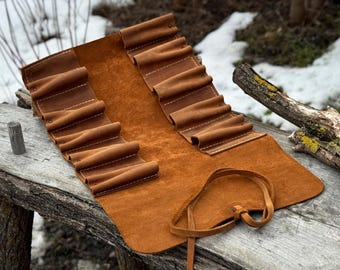 Universal Leather Tool Roll with 10 Pockets. Genuine Leather Crazy Horse. Tool Storage Bag. Roll for Chisels, Gouge, Knives and Garage Tools