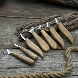 Set of 7 Wood Carving Knives. Sharp Carbon Steel Blades, Ash Wood Handles. Hand-Forged Knives Detail Carving. Geometric Carving Knives.