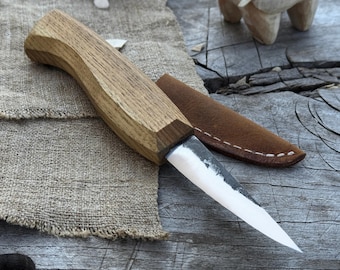Wood Carving Sloyd Knife. Hand-Forged Carbon 52100 Steel Blade. Razor Sharp Edge. Ash Handle. Leather Sheath. Whittling Knife for Carving.