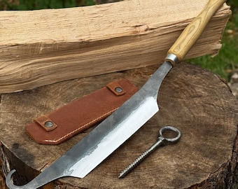 Small Stock Knife. Sharp Blade. Hand Forged from Hardened Carbon 52100 Steel, Ash Wood Handle, with Leather Sheath. Wood Carving Tool. Gift