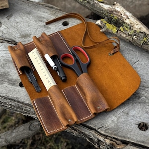 Universal Leather Tool Roll with 4 Pockets. Genuine Leather Crazy Horse. Tool Storage Bag. Roll for Chisels, Gouge, Knives and Garage Tools