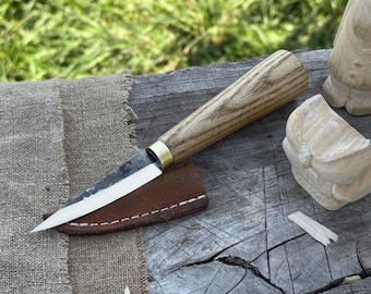 Wood Carving Sloyd Knife. Razor Sharp Blade. Hand Forged From Hardened Carbon 52100 Steel, Ash Wood Handle, with Sheath. Spoon Carving Knife