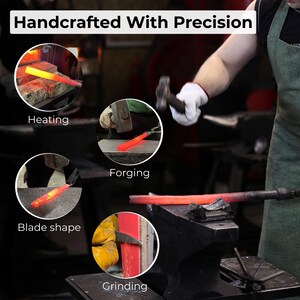 Blacksmith forging wood carving knife blade, showing heated steel shaped, hammered, formed, and sharpened into a polished edge.
