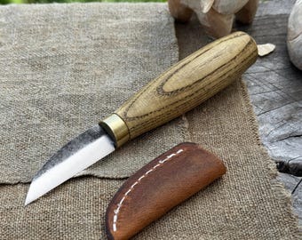 Whittling Knife – Hand-Forged 52100 Carbon Steel Blade, Ash Handle, Leather Sheath – Detail Carving Knife for Wood, Figures & Spoons.