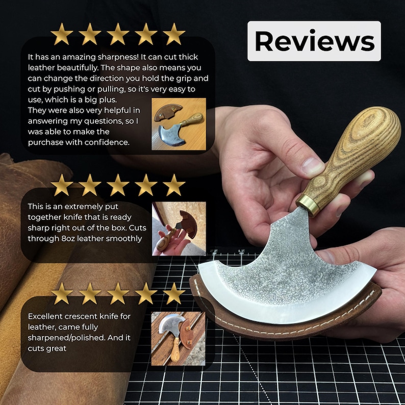 Leather Round Knife (Half Moon). Razor Sharp Blade. Hand Forged From hardened Carbon 52100 Steel, Ergonomic Ash Handle, with Leather Sheath image 9