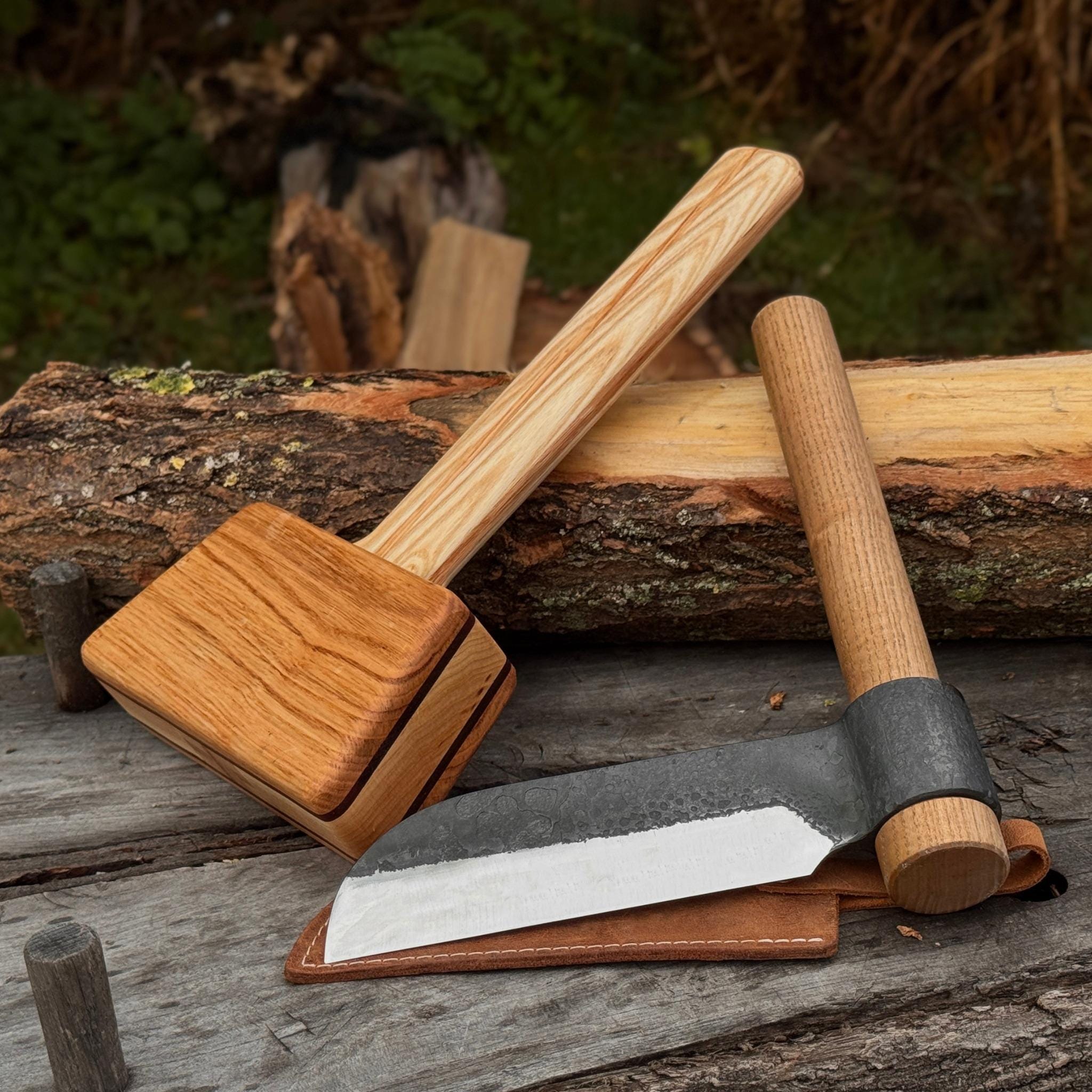 Carpentry Splitting Froe and Wooden Mallet for Woodworking. Sharp