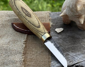 Hand-Forged Small Whittling Knife – Razor Sharp Carbon Steel Blade, Ergonomic Ash Handle & Leather Sheath | Precision Wood Carving Knife