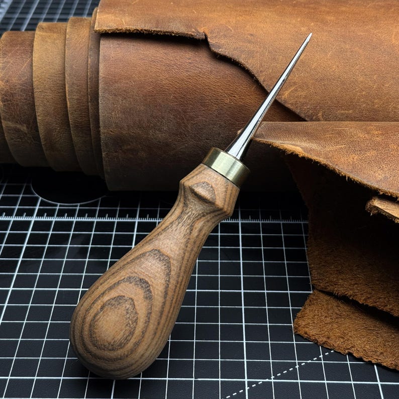 Leatherworking Awl, Sharp Needle. Hand Forged From Hardened Carbon 52100 Steel, Ash Handle. Leather Awl. Stitching Awl, Leather Work Tool image 1