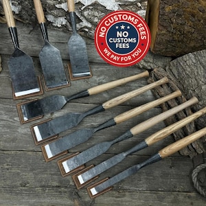 Cinceles para madera, tamaño personalizado. Hoja afilada. Forjados a mano en acero al carbono endurecido. Mango de fresno resistente a golpes de mazo. Herramientas de carpintero.