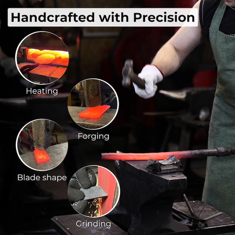 Puede incluir: Imagen que muestra el proceso de herrer&iacute;a, con el texto "Handcrafted with Precision". El proceso incluye calentar, forjar, dar forma a la hoja y esmerilar. Se muestra a un herrero trabajando con un martillo y un yunque.