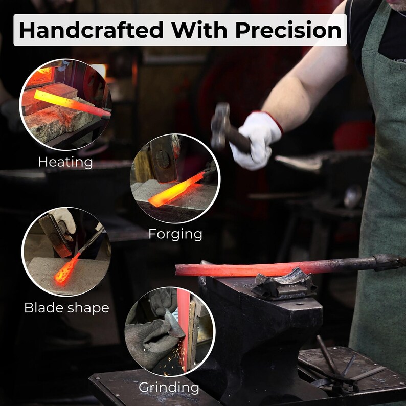 May include: A collage showing the metalworking process with the text Handcrafted With Precision. Circular insets display Heating, Forging, Blade shape, and Grinding. A glowing red hot metal bar is being struck with a hammer on a black anvil.