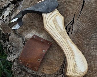 Hand Forged Carving Adze. Hardened Carbon Steel Blade, Ash Wood Handle. Spoon and Bowl Carving Tool for Wood Projects and Green Woodworking.