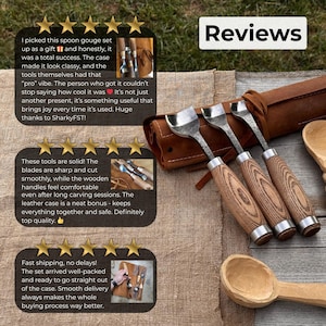 May include: A set of three spoon gouges with wooden handles and metal blades, displayed with a leather case and a carved wooden spoon. The image includes customer reviews and the word "Reviews".