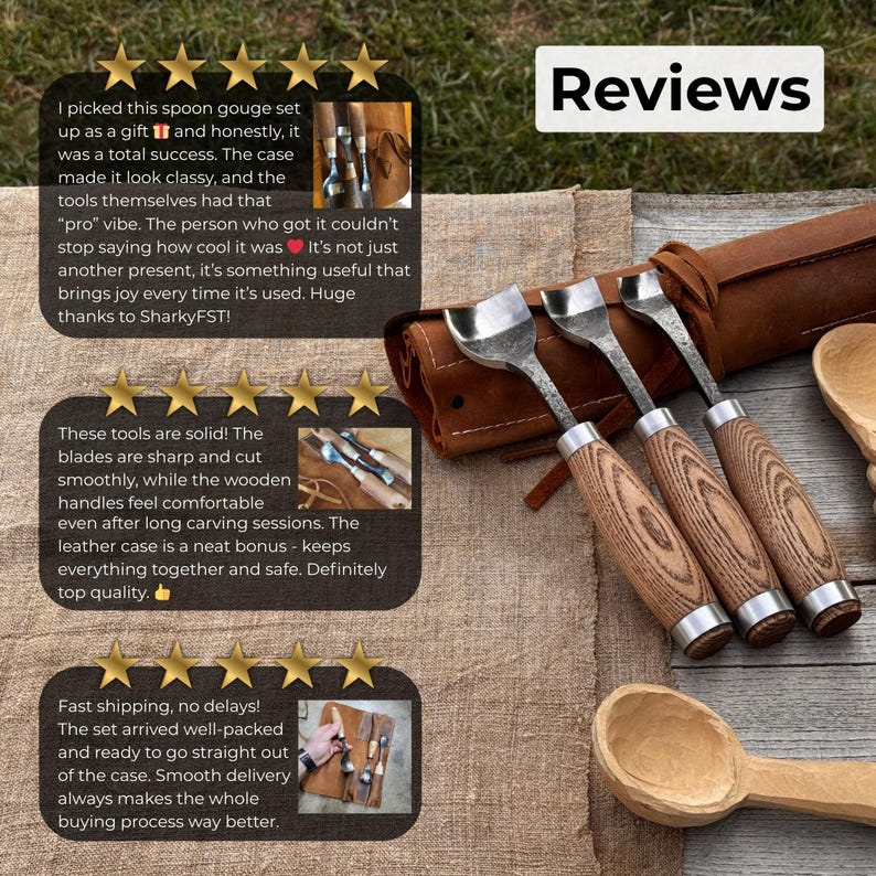 May include: A set of three spoon gouges with wooden handles and metal blades, displayed with a leather case and a carved wooden spoon. The image includes customer reviews and the word "Reviews".