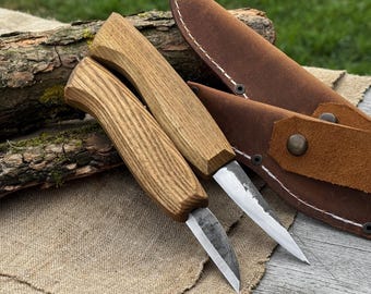 Hand Forged Wood Carving Knife Set, 52100 Carbon Steel, Ash Handles, Spoon Knives