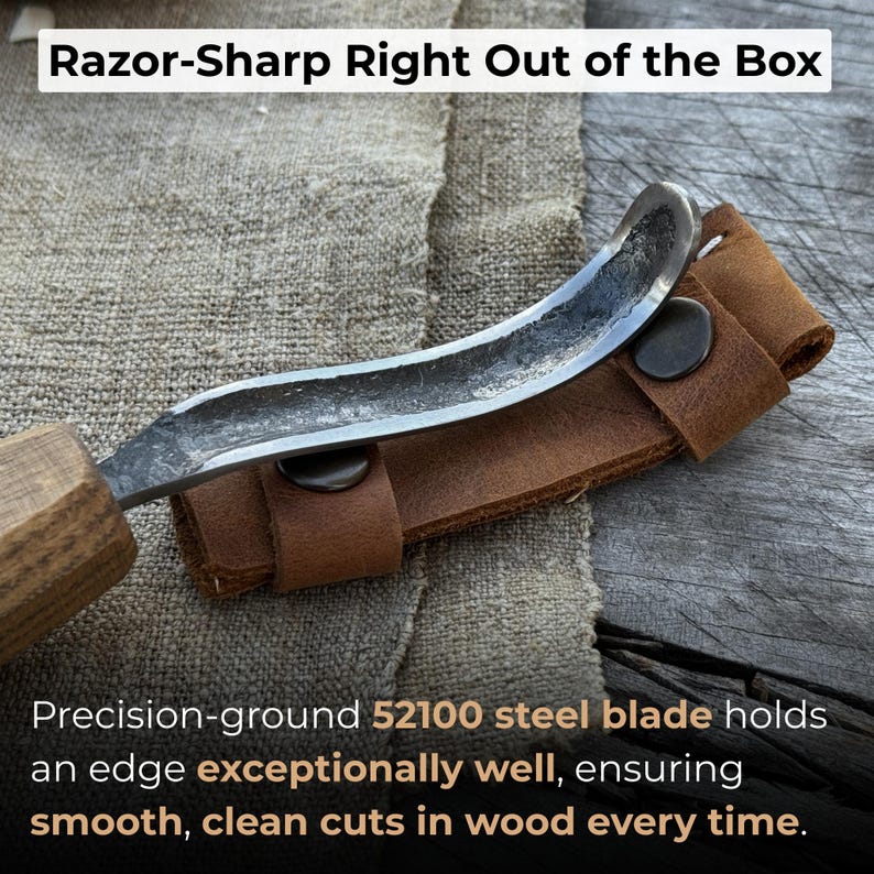 Hand Forged Hook Knife for Spoon Carving. Sharp Carbon Steel Blade, Ash Wood Handle, Leather Sheath. Beginners Knife for Wood Carving. image 2