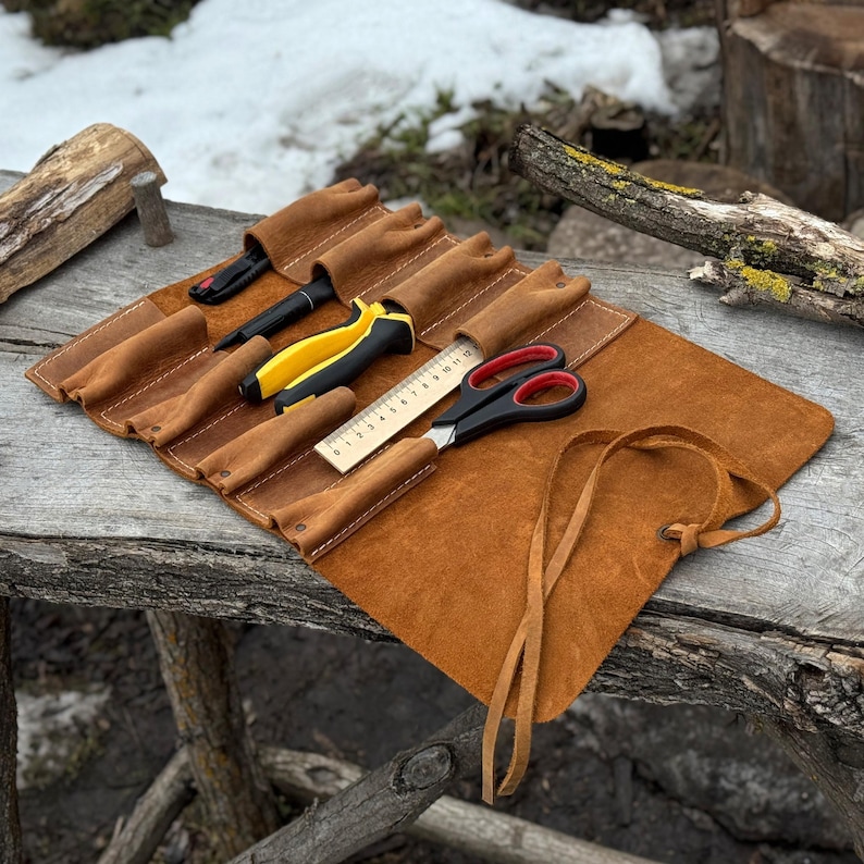 Genuine Leather Tool Roll with 8 Pockets. Universal Leather Crazy Horse. Tool Storage Bag. Roll for Chisels, Gouge, Knives and Garage Tools image 13