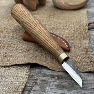 Detail Carving Knife for Beginners. Sharp Carbon Steel Blade, Ash Wood Handle. Hand Forged Knife for Wood Carving. Geometric Carving Knife.