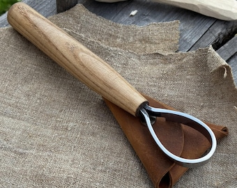 Carving Scorp Knife. Razor Sharp Blade. Hand Forged From Hardened Carbon 52100 Steel, Ash Wood Handle, with Leather Sheath. Spoon Carving