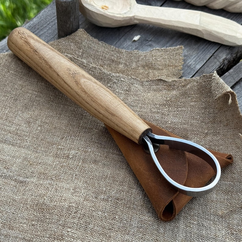 Carving Scorp Knife. Razor Sharp Blade. Hand Forged From Hardened Carbon 52100 Steel, Ash Wood Handle, with Leather Sheath. Spoon Carving image 1