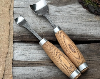 Hand-Forged Spoon Carving Gouges – Razor Sharp Carbon Steel Blades, Ergonomic Ash Wood Handles – Wood Carving Tools, Perfect Gift