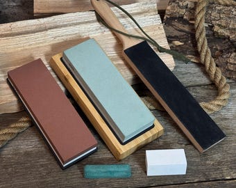 Universal Set For Sharpening Tools. Quality Stones, Durable Wooden Stand, Leather Strop and Polishing Paste. Stones For Sharpening Knives.