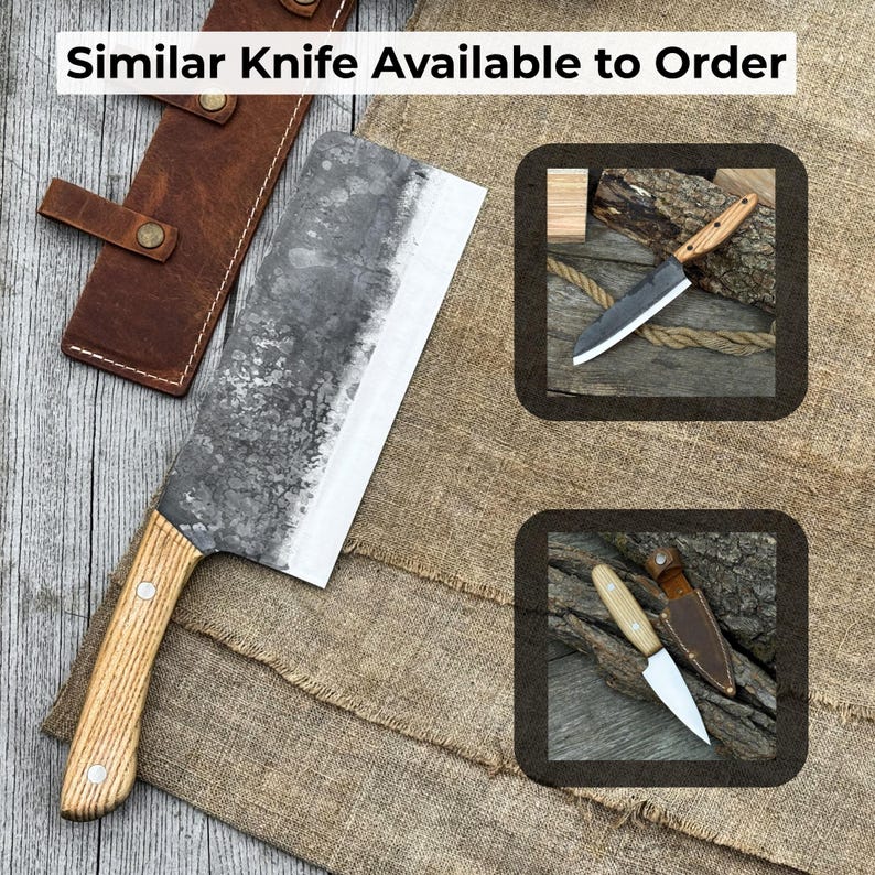 Puede incluir: Un cuchillo de carnicero grande y r&uacute;stico con mango de madera y una hoja plateada ancha. El cuchillo se muestra sobre una tela de arpillera con una funda de cuero. El texto "Similar Knife Available to Order" est&aacute; en la parte superior. Se muestran cuchillos adicionales.