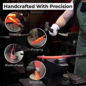 May include: Image showing the process of handcrafted metalwork. The steps include heating, forging, blade shaping, and grinding. The text "Handcrafted With Precision" is at the top of the image.